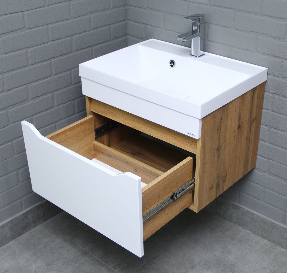 Тумба подвесная под умывальник "Bazis 60" Ева с одним ящиком В1 Дуб Вотан Айсберг (DA5906T) | фото 7