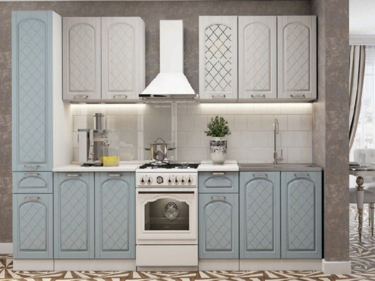 Кухонный гарнитур 2.4 м "Милана" с пеналом (белый/белое дерево/голубая патина) | фото 4