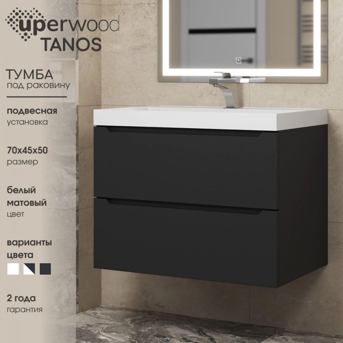 Тумба под раковину Uperwood Tanos 70 см, подвесная, черная матовая | фото 3