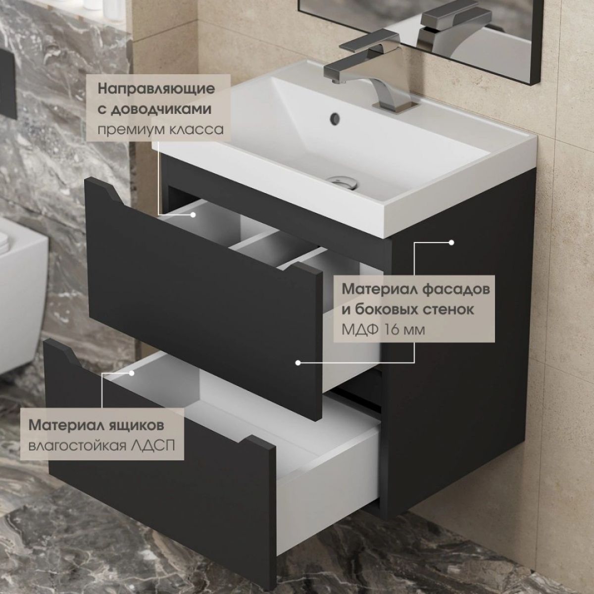 Тумба под раковину Uperwood Tanos 90 см, подвесная, черная матовая | фото 4